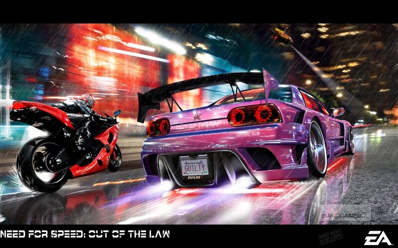 Purple Car and Red Motorcycle — Dramatic