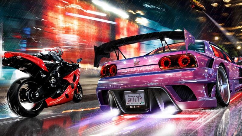 Purple car and red motorcycle race