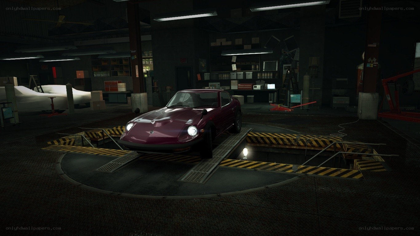 purple car in garage