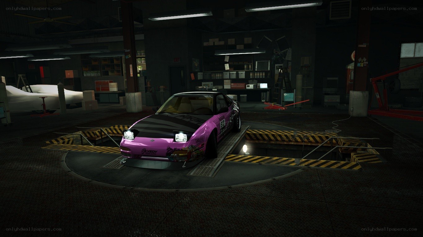 purple car in garage