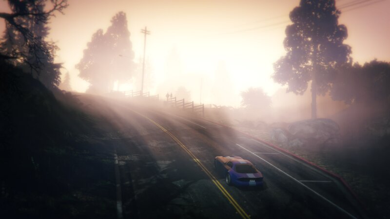 Purple Car on Road — Misty, Serene