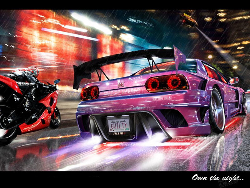 Purple car racing at night