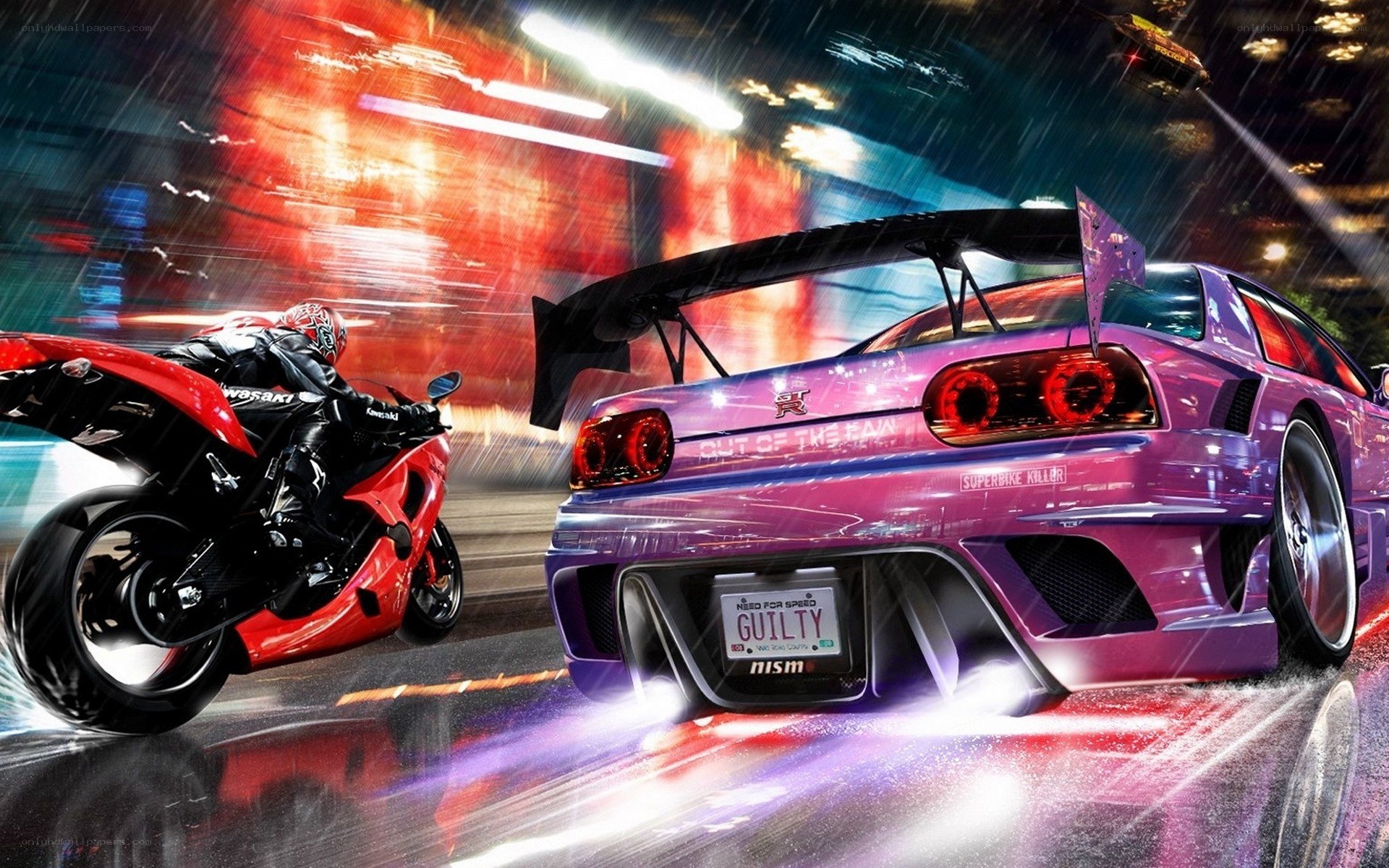 Purple car racing motorcycle