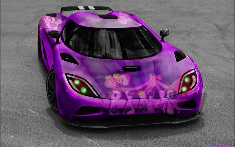 purple car with cartoon design