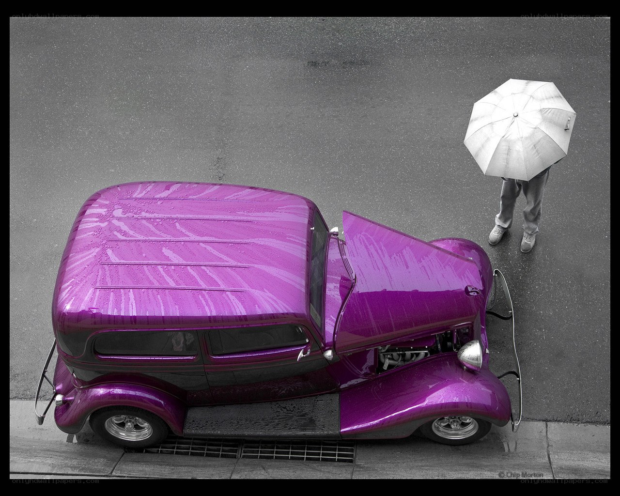 Purple car with open hood