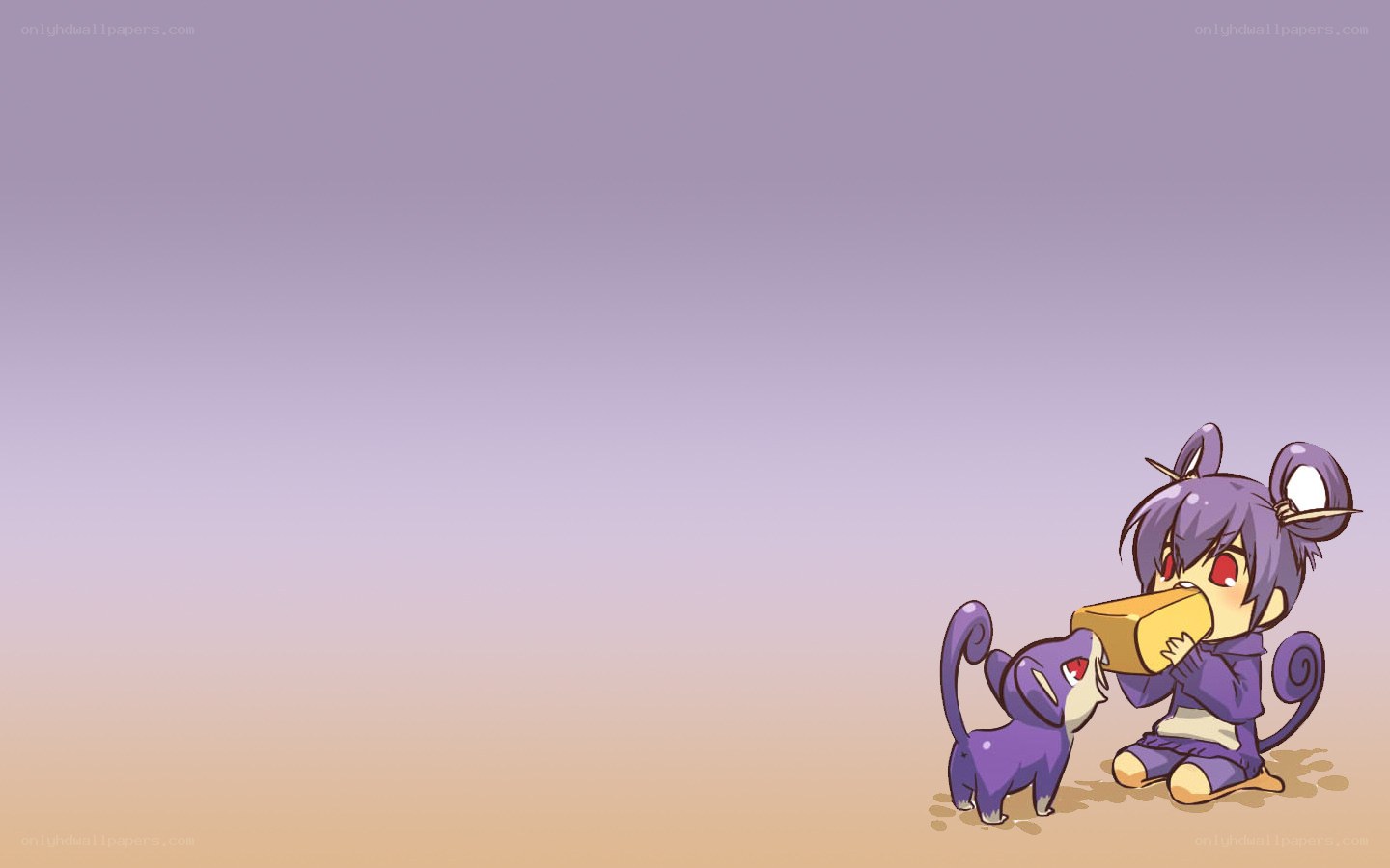 purple cat and mouse eating cheese