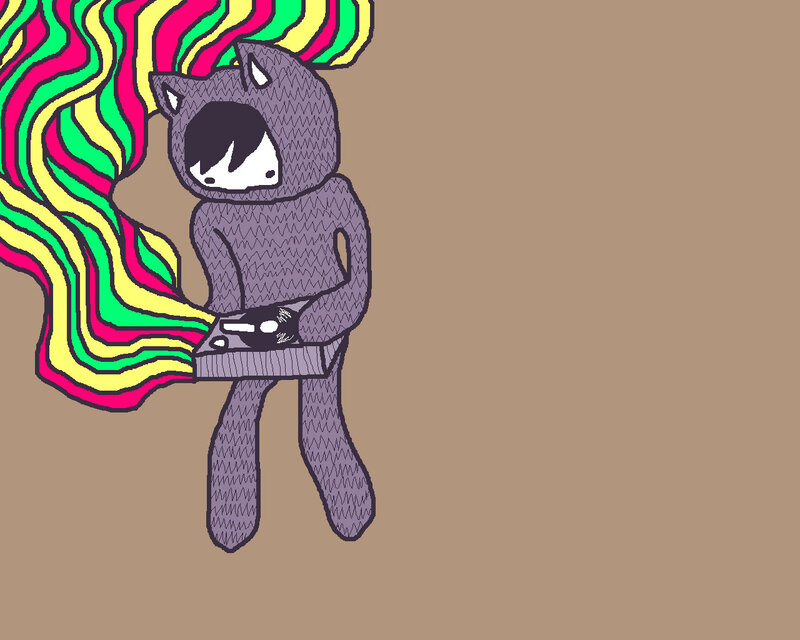 purple cat character with colorful hair