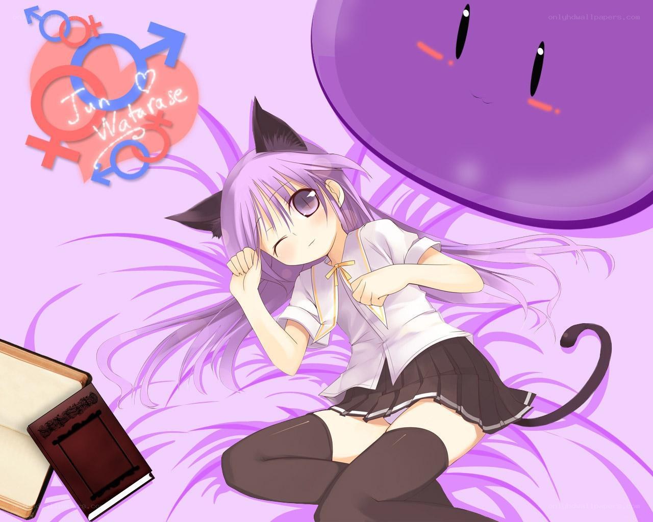 purple cat girl with book