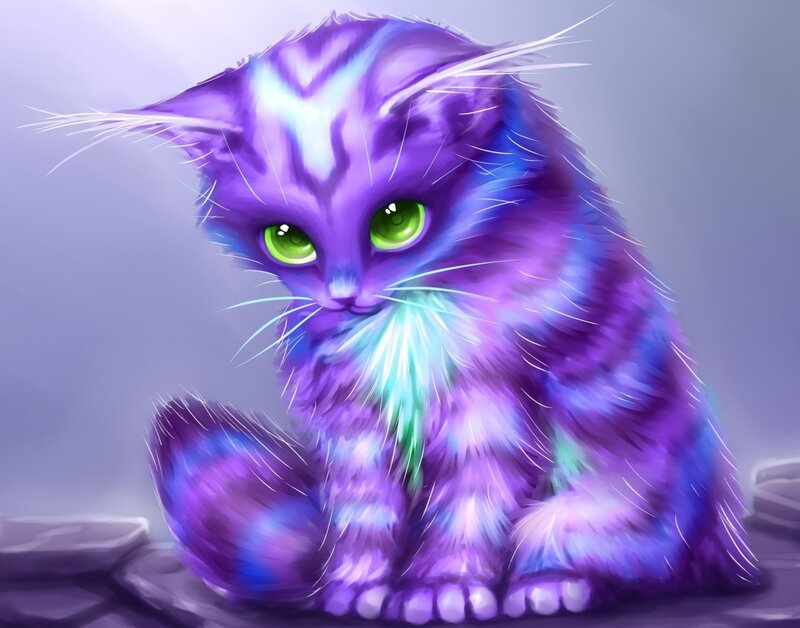 Purple Cat with Green Eyes — Calm, Digital Art