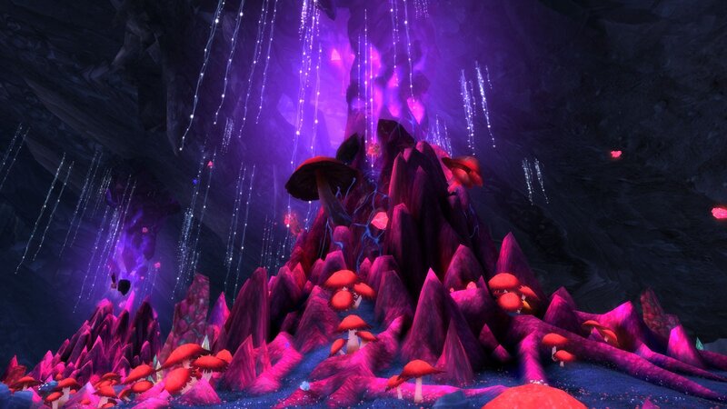 purple cave with glowing mushrooms