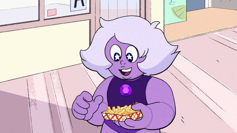Purple Character Holding Fries