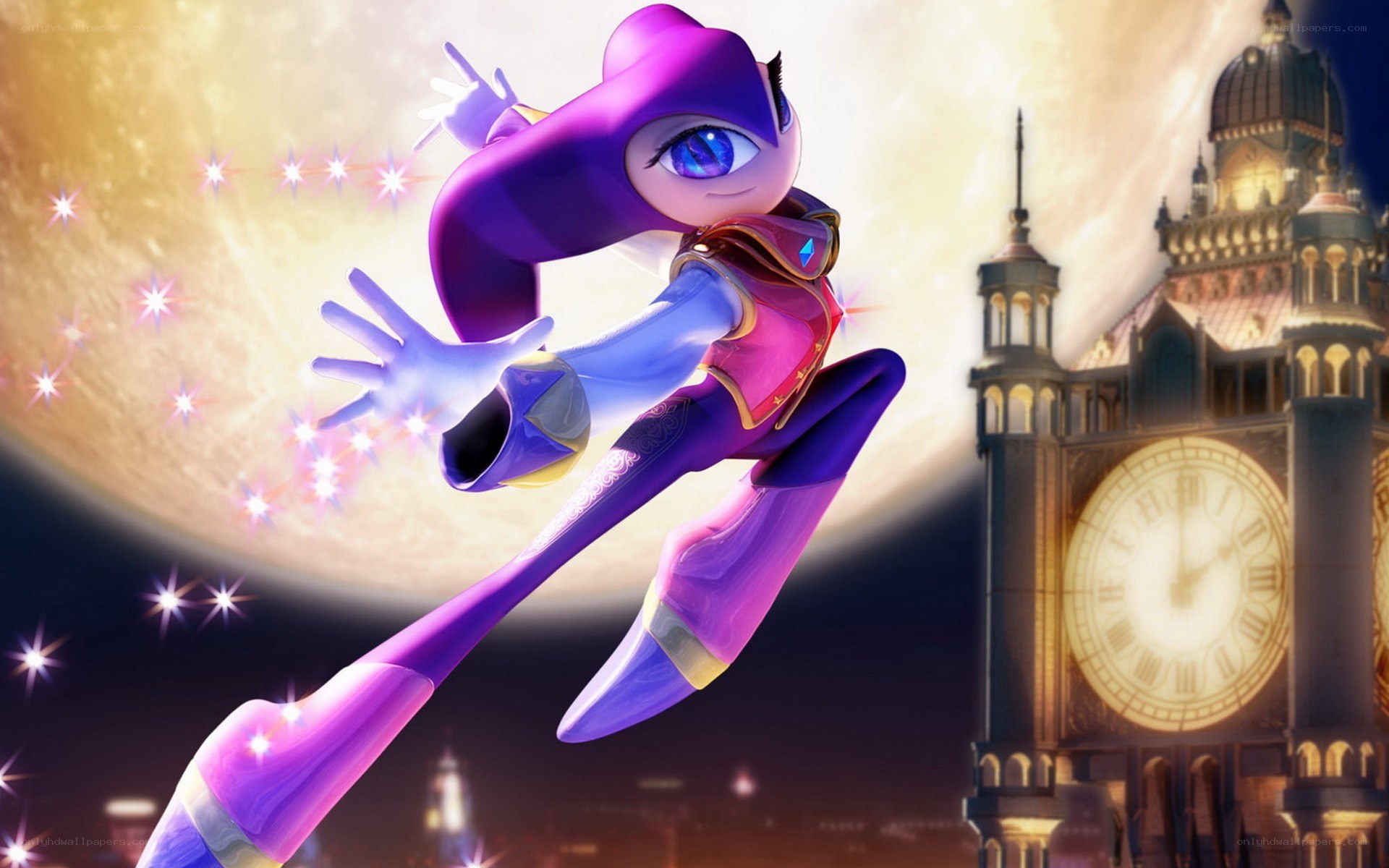 purple character in flight