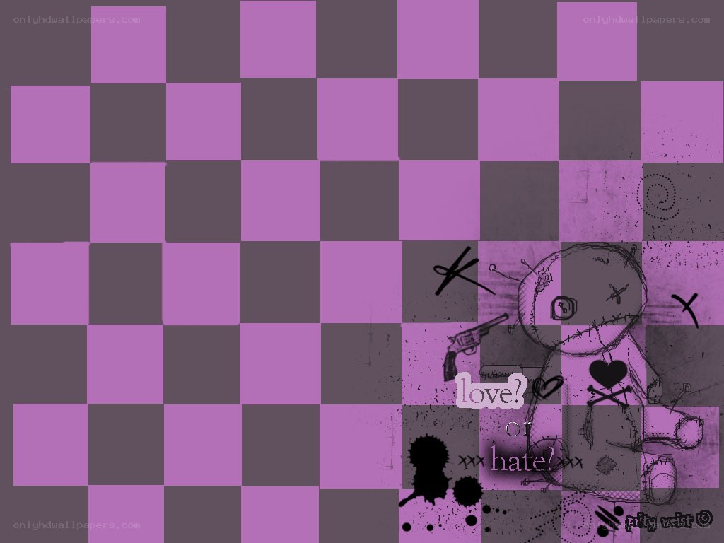 purple checkered background with doodles