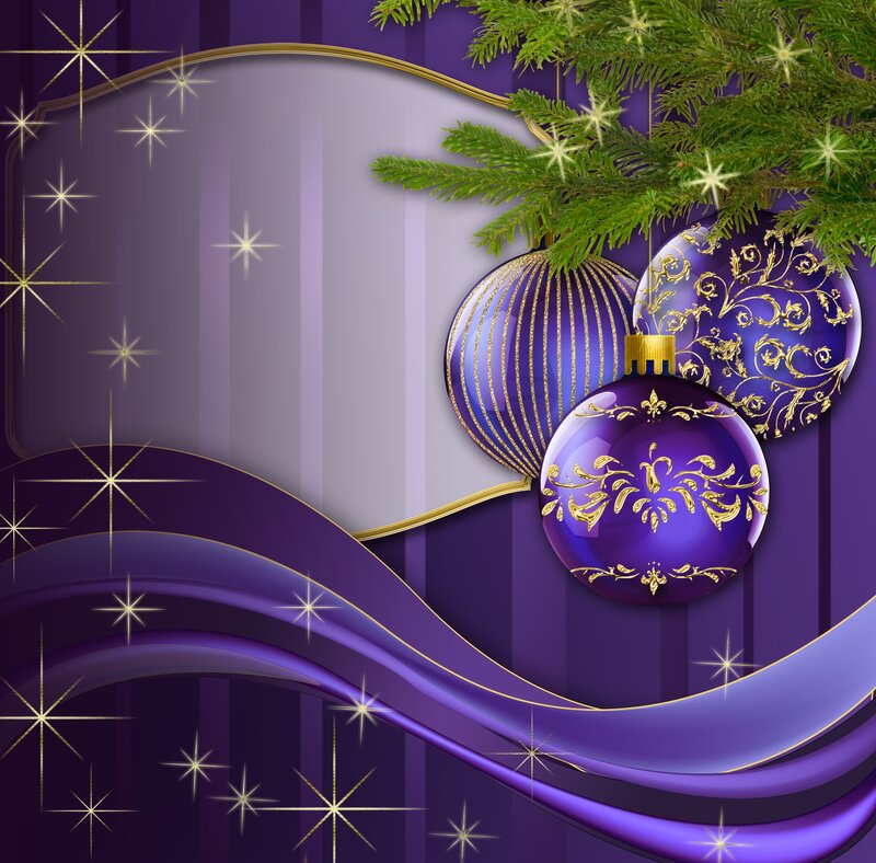 Purple Christmas Ornaments — Festive, Winter, Digital Art, Pine Branches