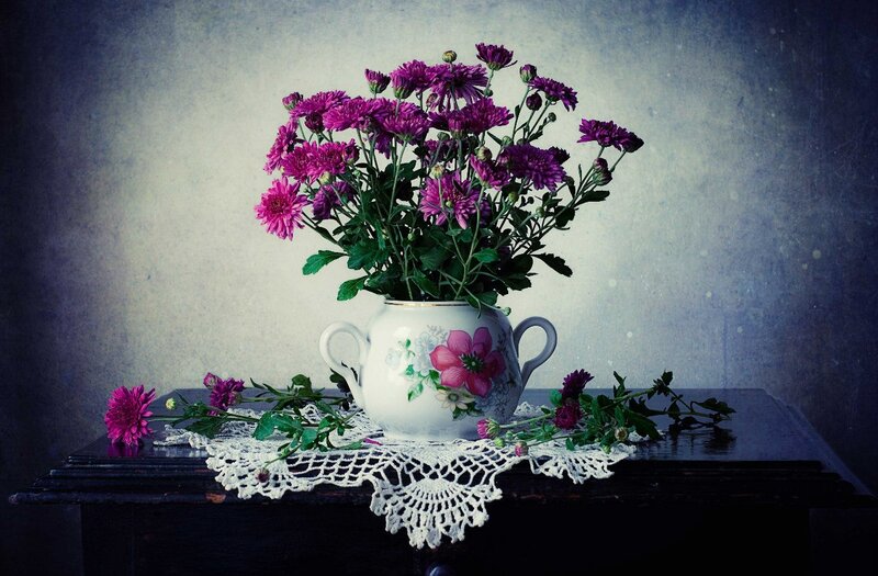 Purple Chrysanthemums in Vase — Dramatic, Photograph, Doily