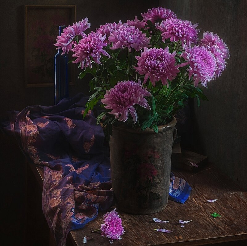 Purple Chrysanthemums in Vase — Dramatic, Photograph, Fabric