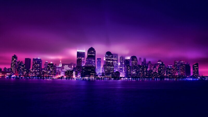 purple city skyline at night