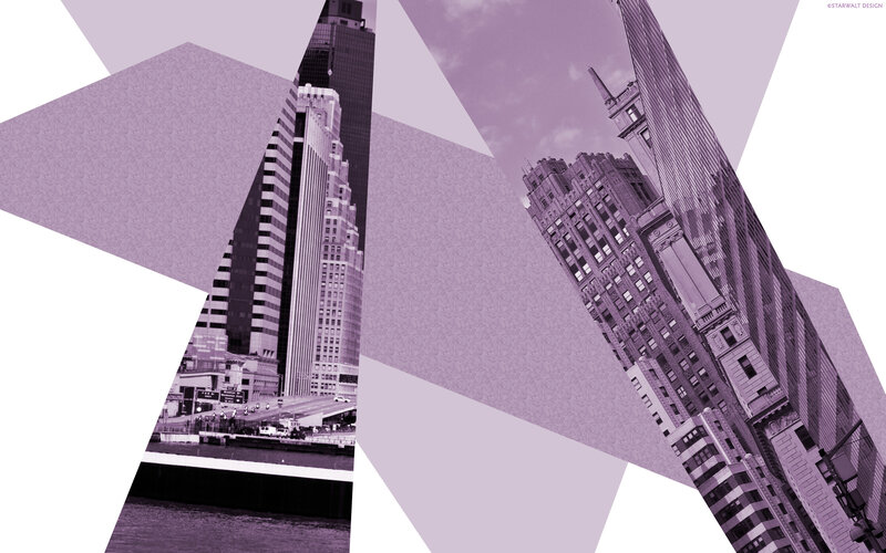 purple city skyline collage