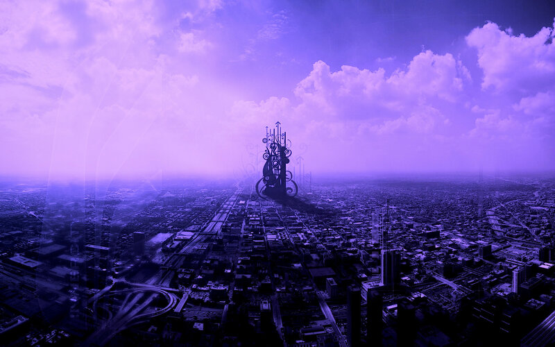 purple cityscape with sculpture