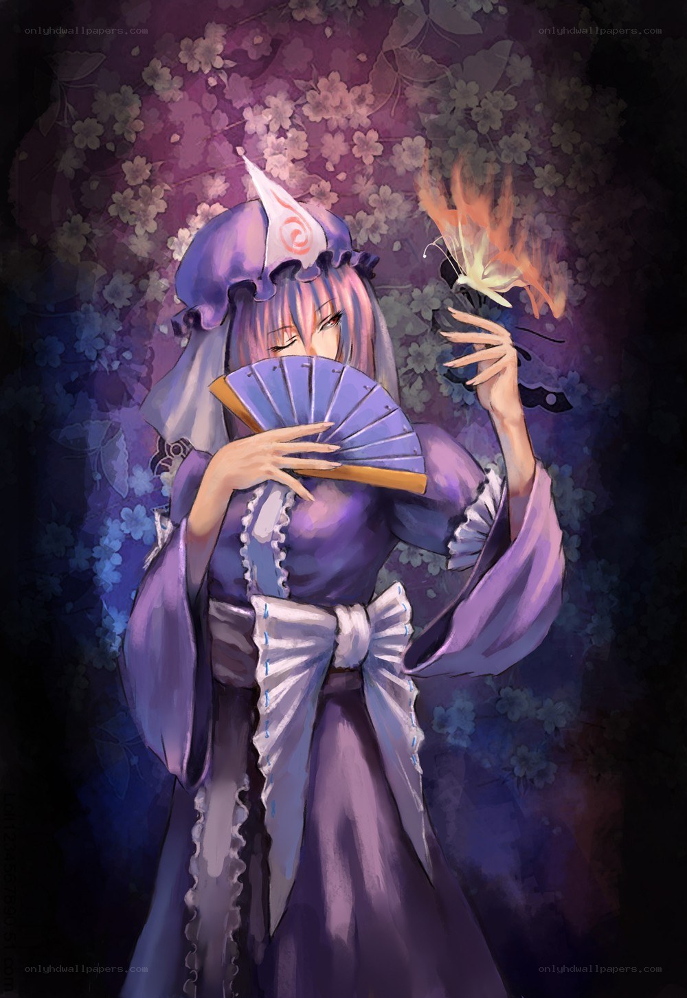 purple-clad character with fan