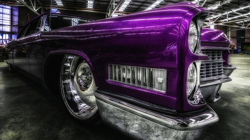Purple Classic Car — Dramatic, Photograph, Garage