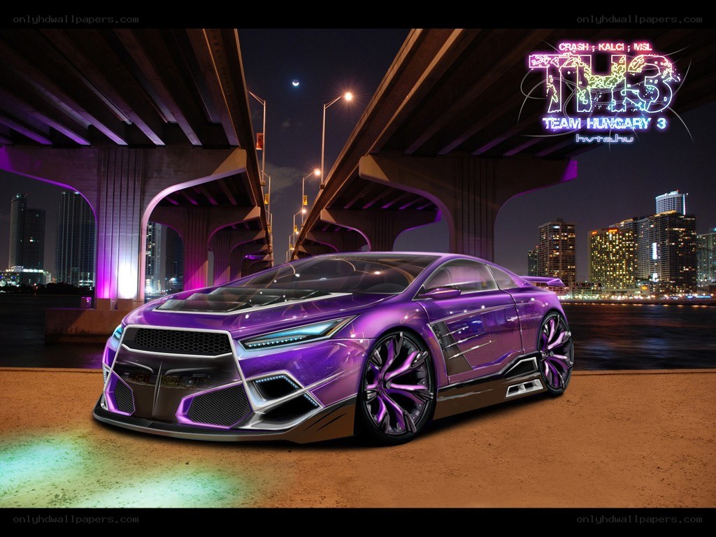 Purple concept car under bridge