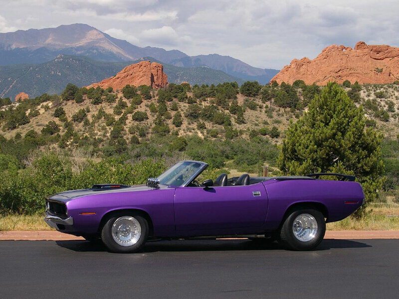 Purple convertible muscle car
