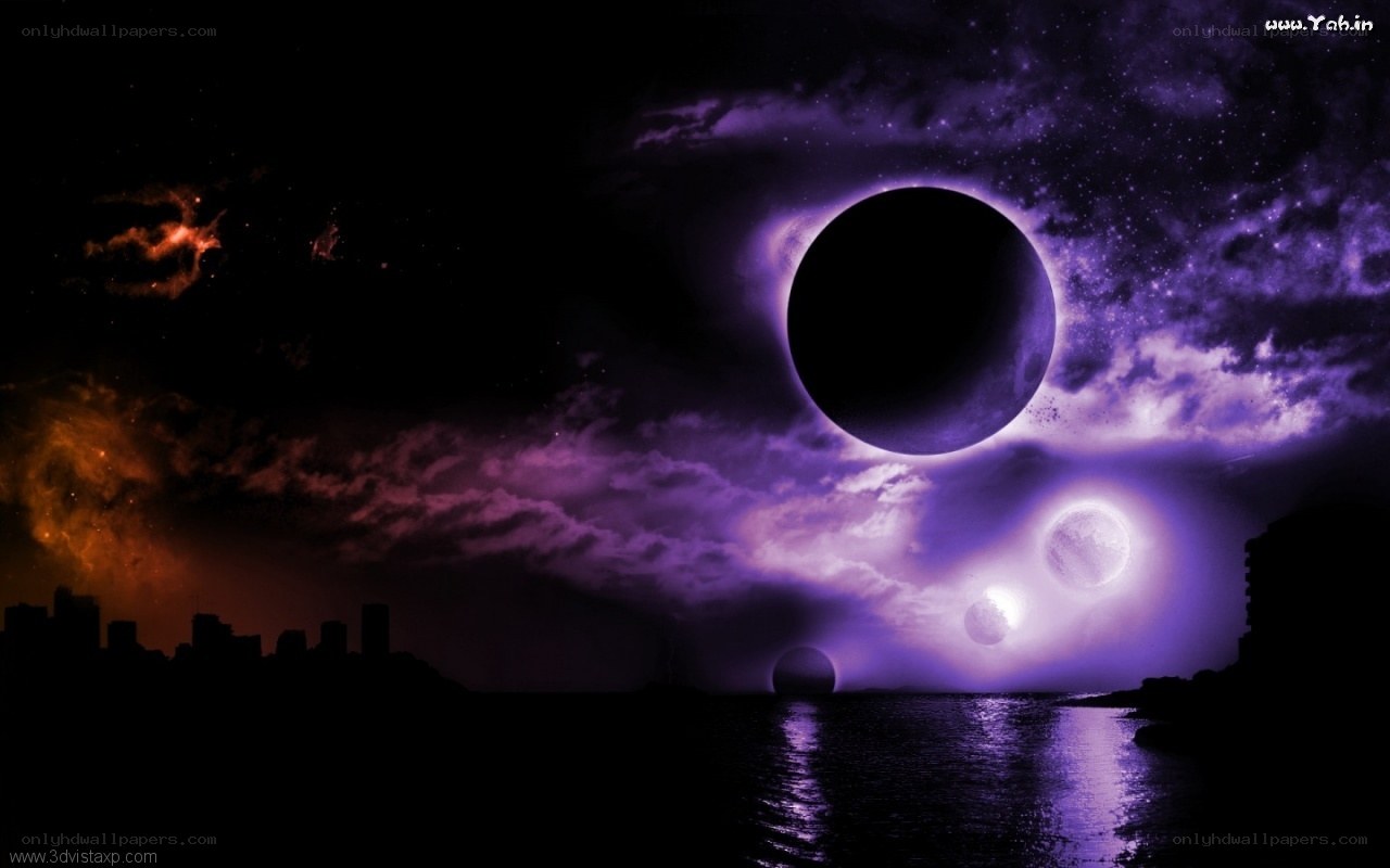 Purple cosmic eclipse over city