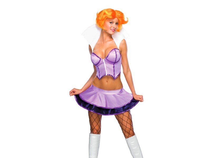 purple costume with orange wig