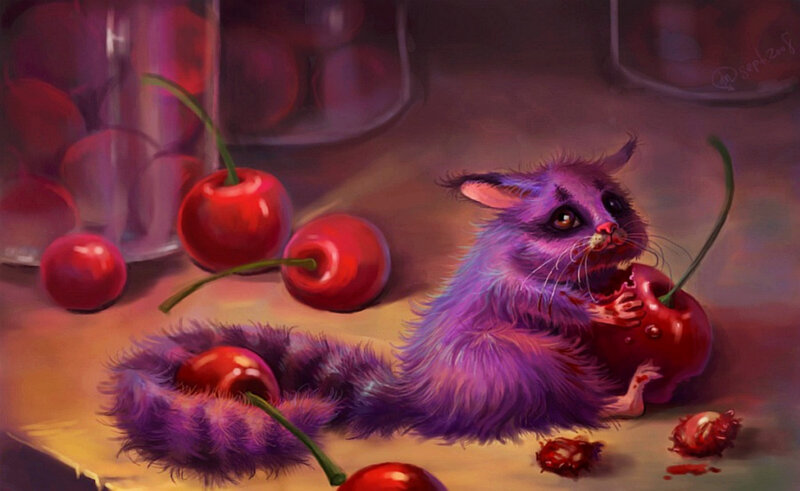 Purple Creature Eating Cherries