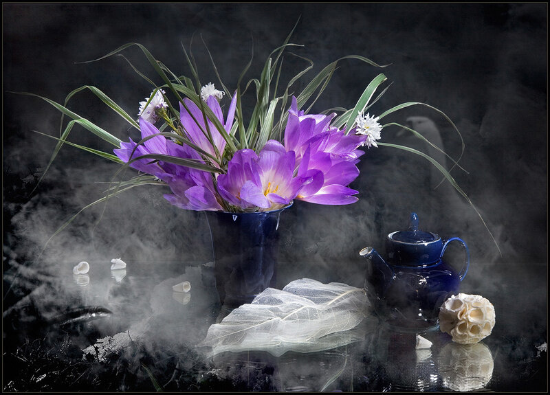Purple Crocuses in Vase — Dramatic