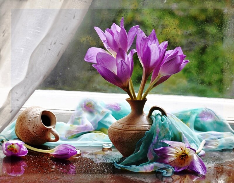 Purple Crocuses in Vase — Serene, Spring, Photograph, Cloth