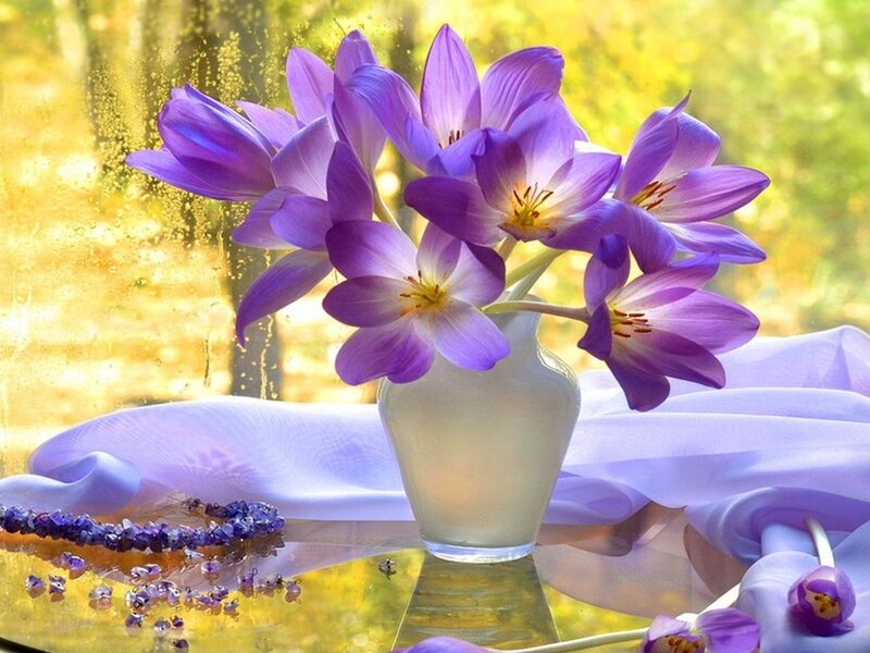 Purple Crocuses in Vase — Serene, Spring, Photograph, Fabric