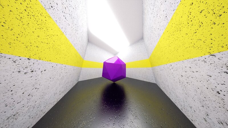 Purple cube in a corridor