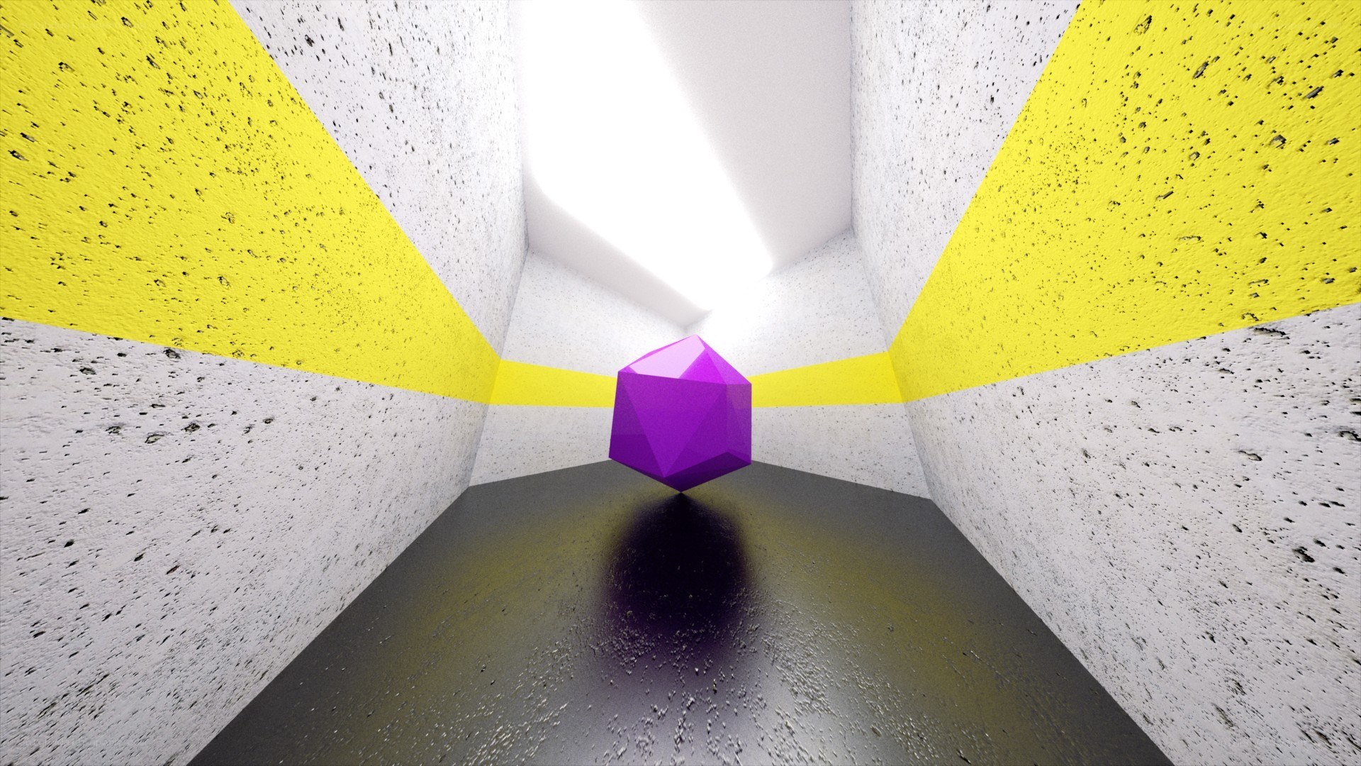 Purple cube in a corridor