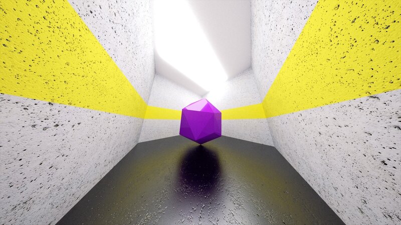 Purple cube in a corridor