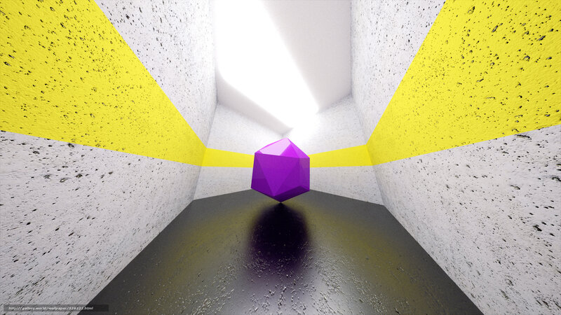 Purple cube in yellow corridor