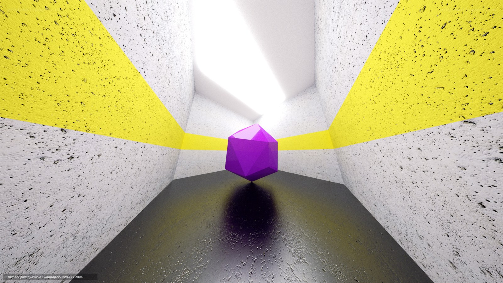 Purple cube in yellow corridor