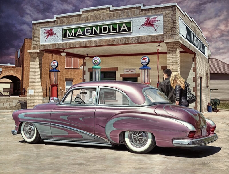 Purple Custom Car — Dramatic, Sunset, Photograph, Gas Station