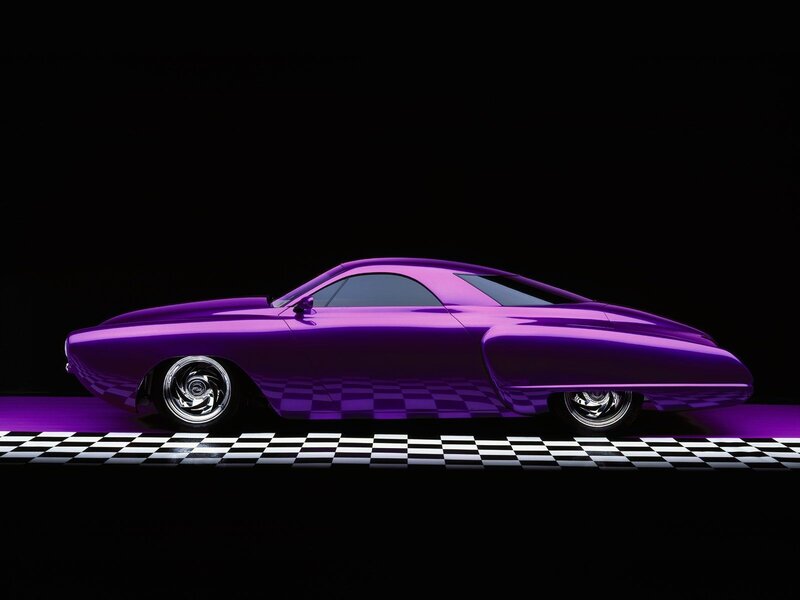 Purple custom car on checkered floor