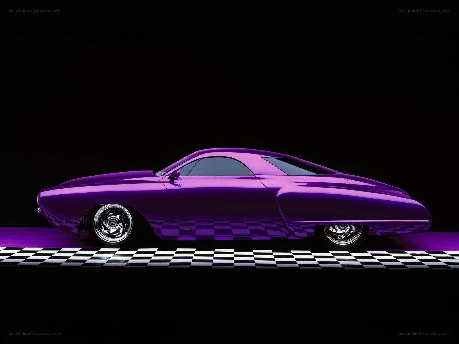 Purple custom car on checkered floor
