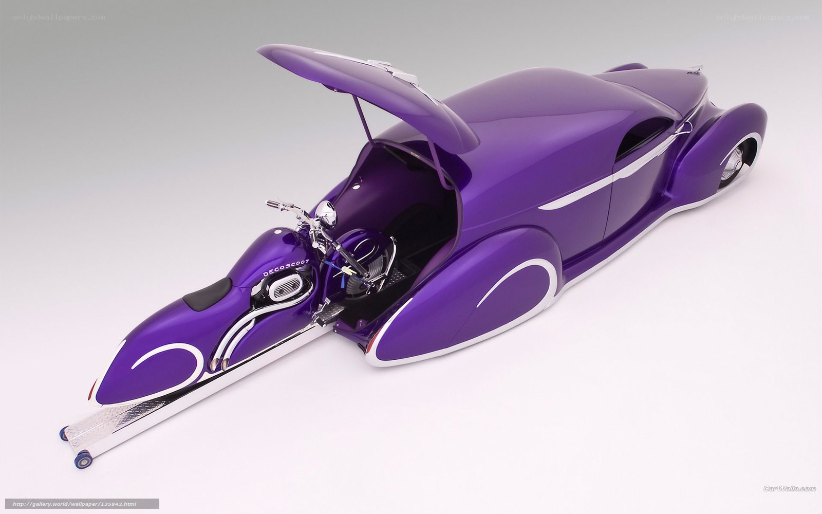 Purple custom car with motorcycle