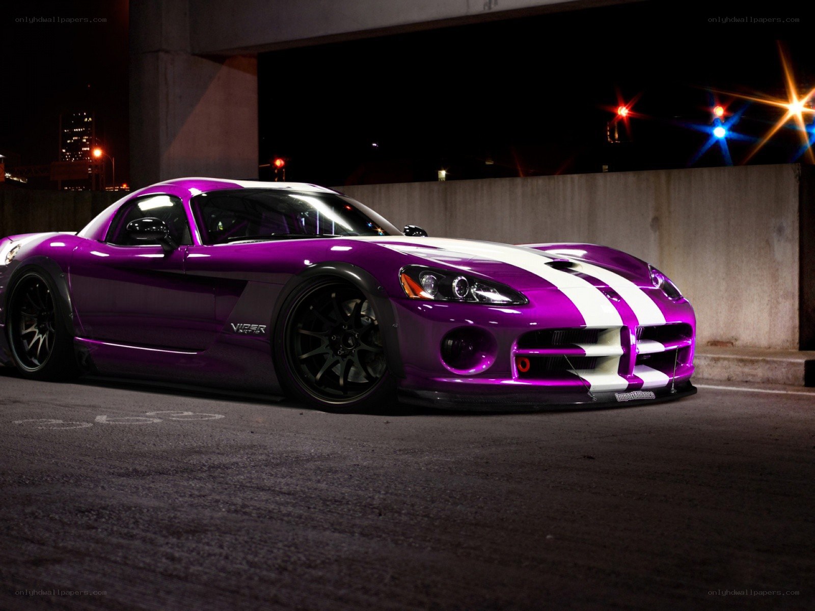 Purple Dodge Viper at night