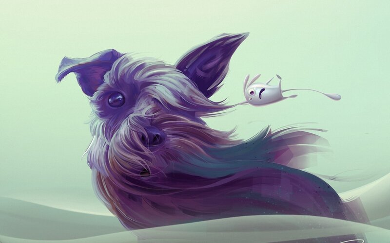 Purple Dog with Small Creature — Whimsical, Digital Art