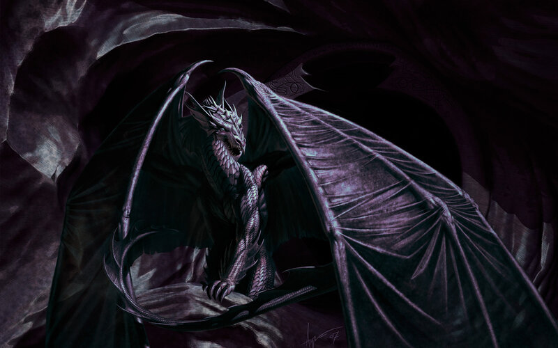 Purple Dragon in Cave — Dramatic