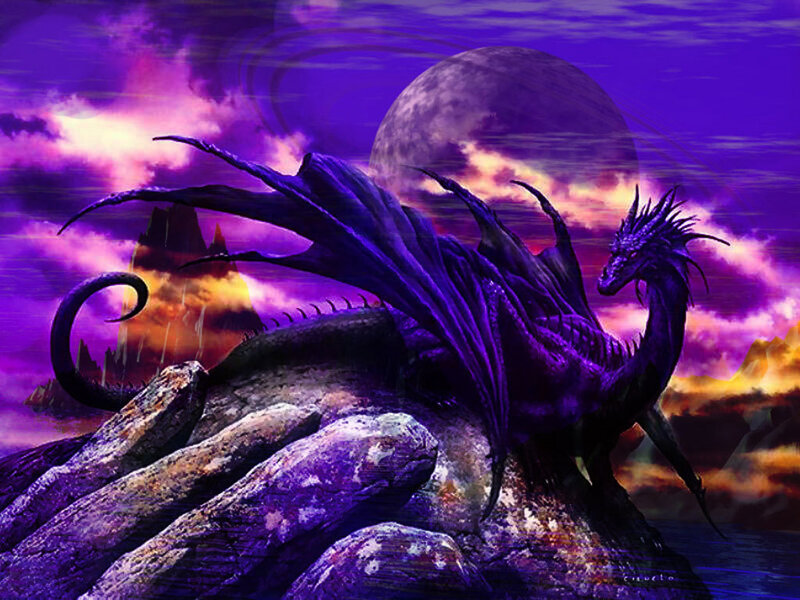 Purple dragon on a rocky outcrop