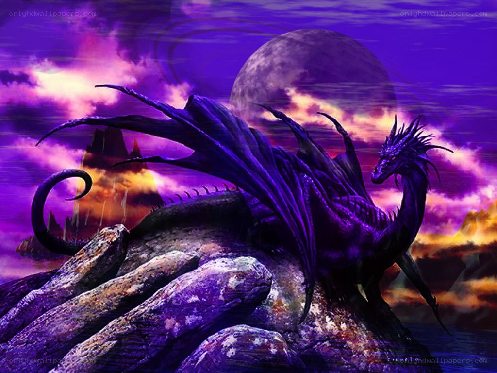 Purple dragon on a rocky outcrop