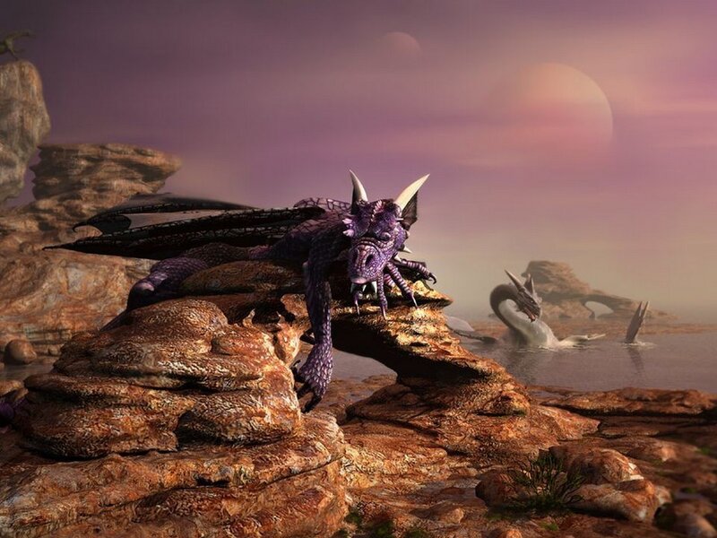 Purple dragon on rocky cliff