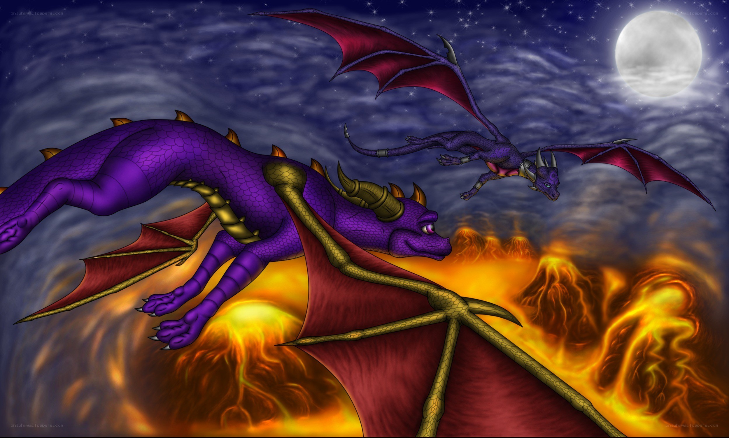 Purple dragons flying over lava