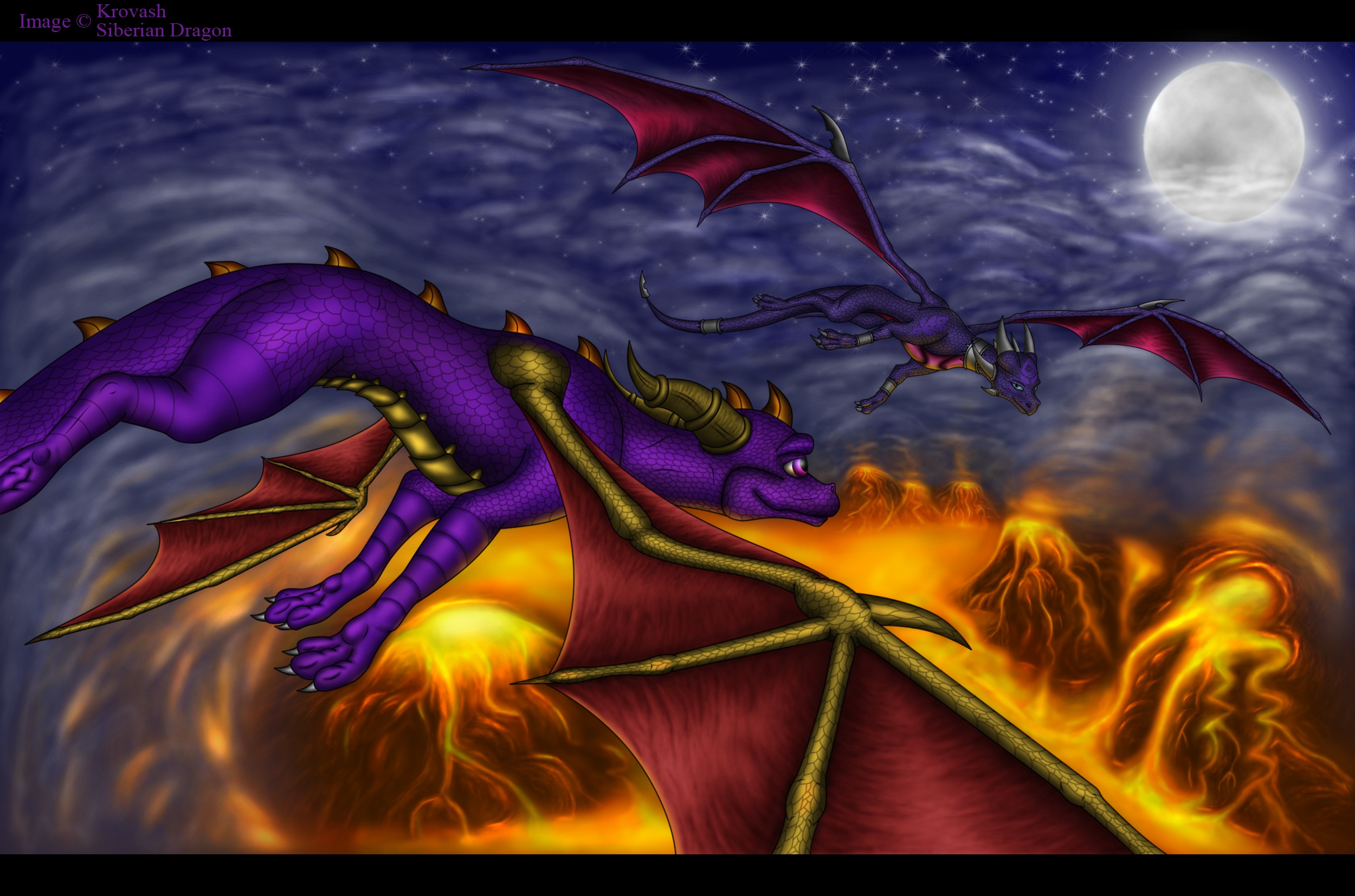 Purple dragons in flight